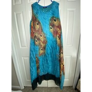 Peacock Maxi Dress Shift Bold Sheer Chiffon Relaxed Lagenlook Art to Wear Sz 22